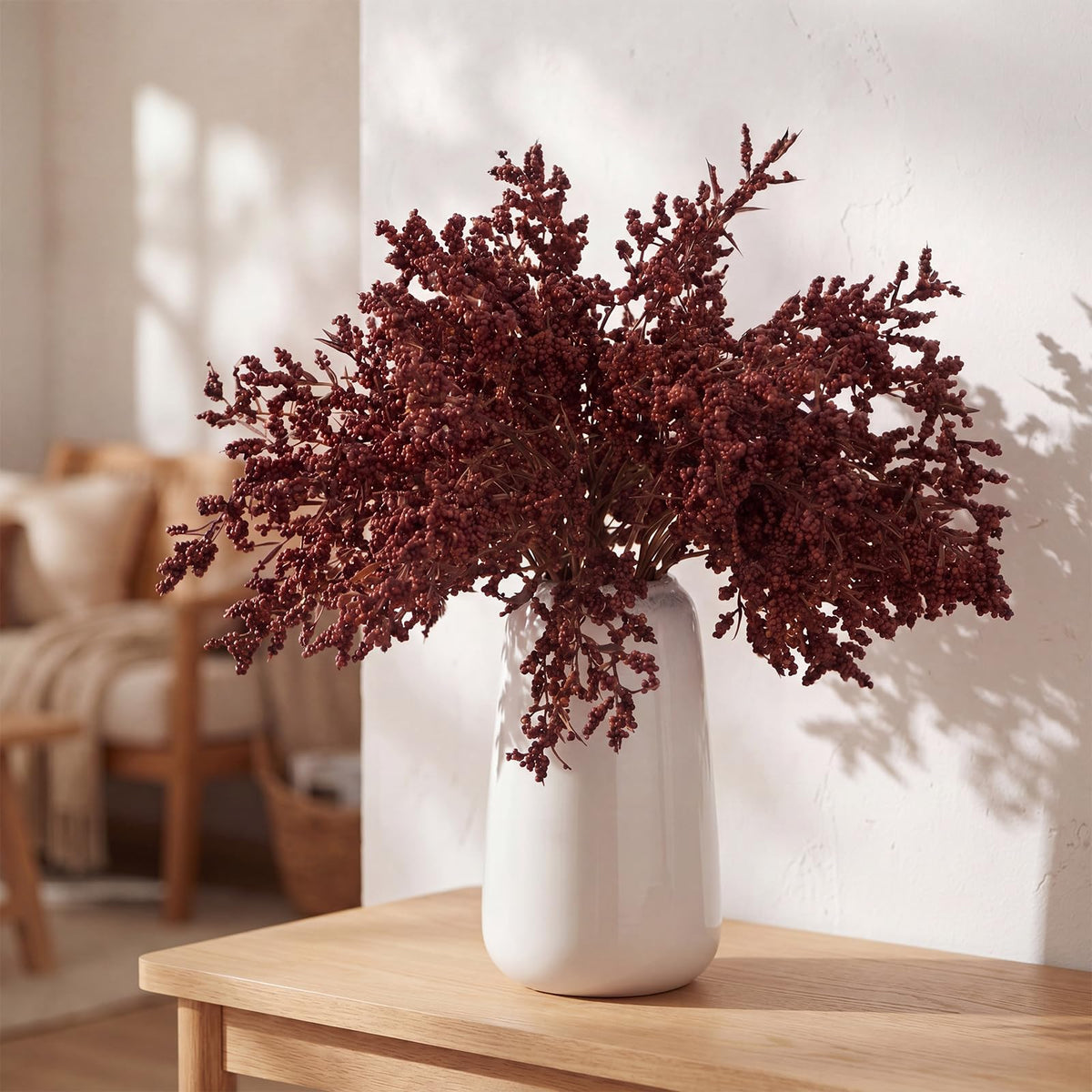 6 Pack Artificial Fall Stems with Leaves, Neutral Picks, Burgundy Berries Stem