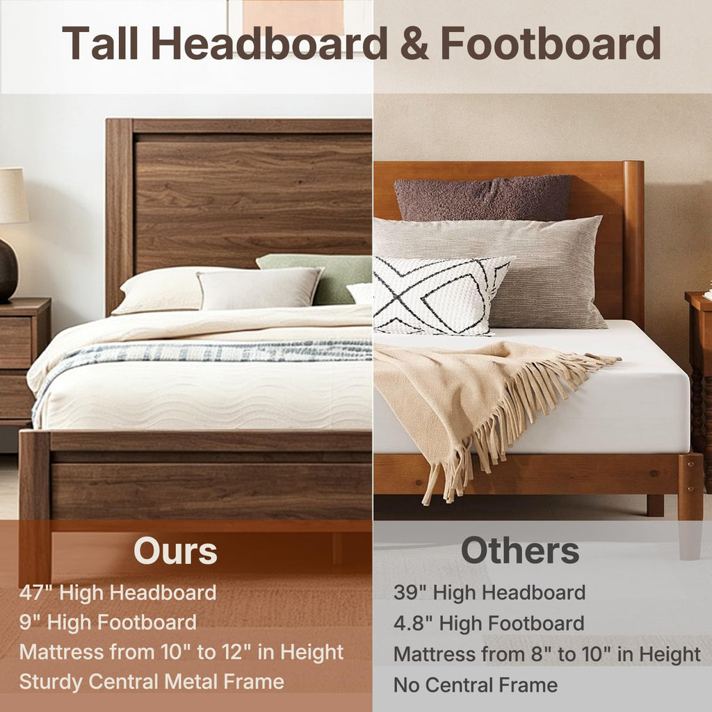 Bed Frame with Headboard, Modern Farmhouse -Size Bedframe with Wood Slat Support, Sturdy Simple Wood Bed