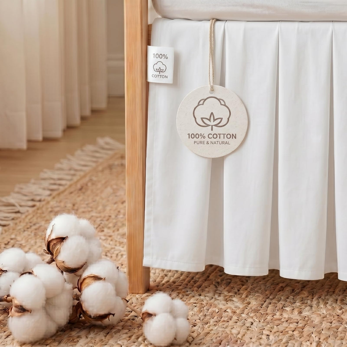 Crib Skirt White 100% Cotton Pleated Dust Ruffle for Unisex Baby