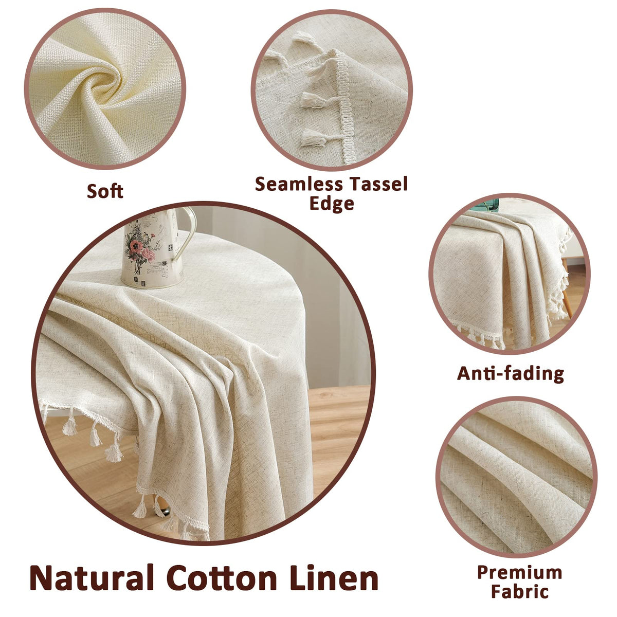 Round Tablecloth 60 Inch, Cotton Linen Table Cloths with Tassel, Boho Table Cover Dining Room Tabletop Decorations
