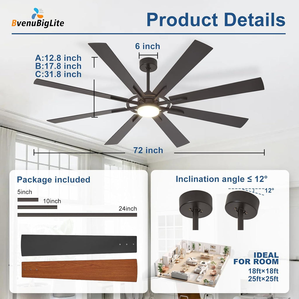 72" Black Outdoor Ceiling Fan with Light & Remote