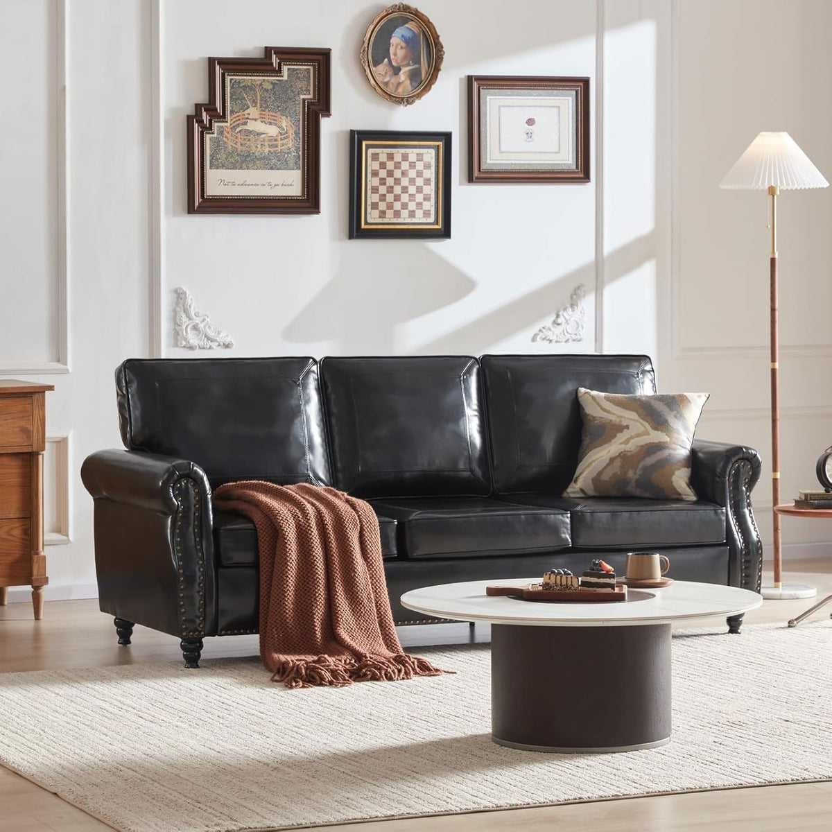 79'' Faux Leather Sofas, Mid Century Modern Couches with Rolled Arm & Nailhead Trim for Small Space, Apartment, Black