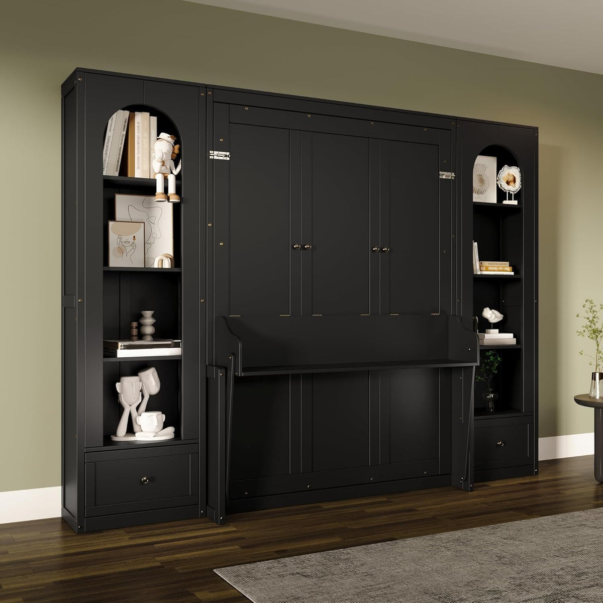 Queen Murphy Bed with Desk and Storage Bookcase & LED Light, Solid Wood Murphy Wall Bed with Storage Shelves and Drawers for Adults Bedroom Office (Queen,Black W/LED)