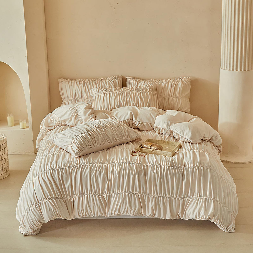 3 Piece Boho Duvet Cover Full Soft Breathable Khaki Ruched Bedding