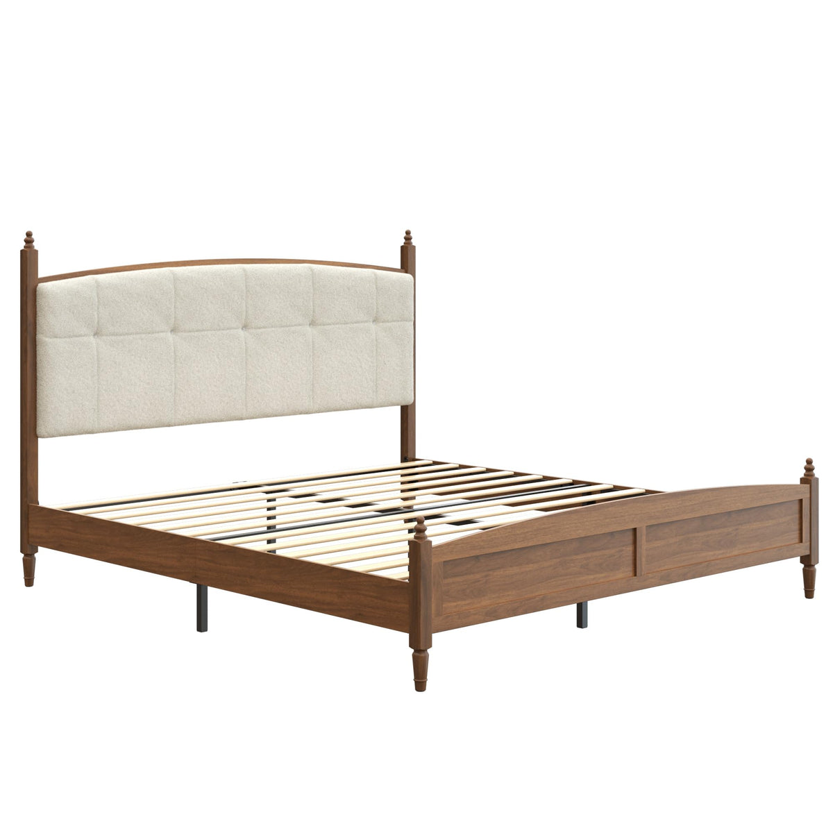 Farmhouse Platform Bed Frame with Curved Upholstered Headboard, Walnut