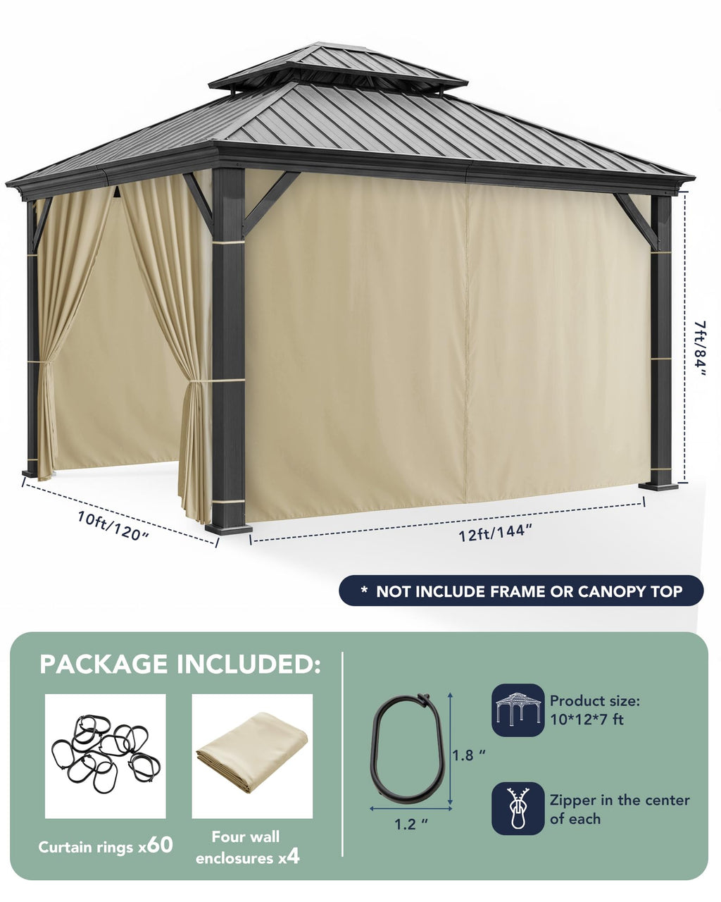 Patio Curtains Outdoor Waterproof with Zipper, 4-Panel, Cream