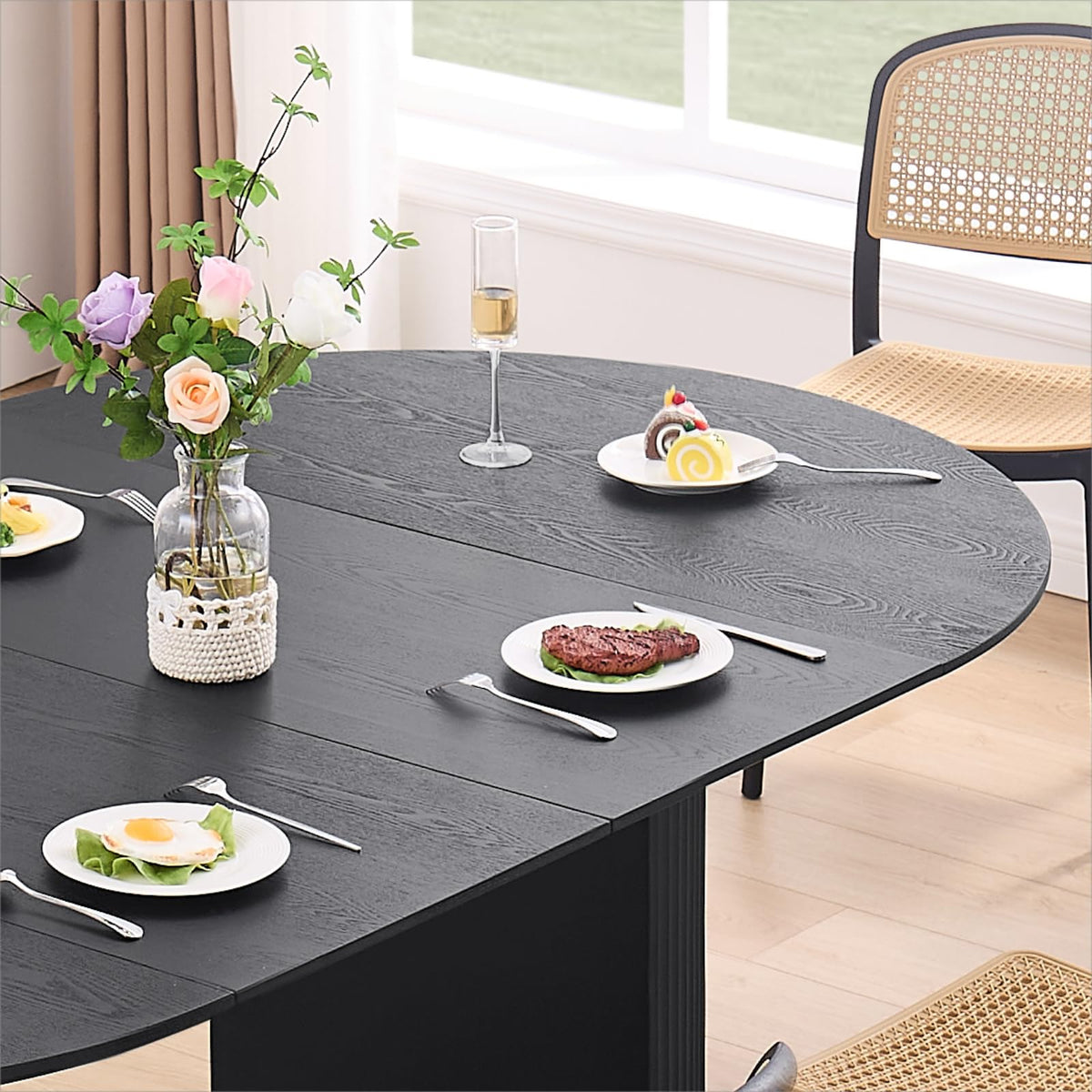 47.24 Dining Table, Expandable Dining Table for 4 6 8 12 Person, Black Round Dinner Tables Mid-Century Modern Table
