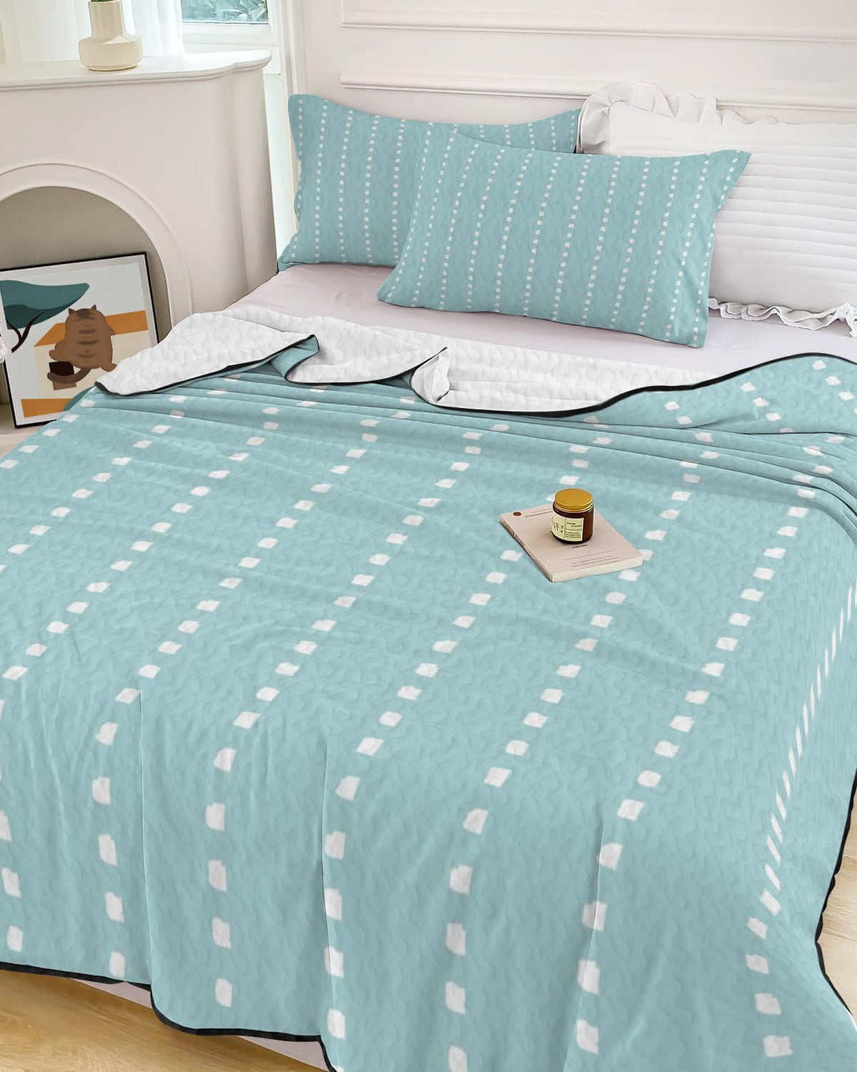 Ticking Quilt Set 3 Pieces Quilted Bedspread- Soft, Light Airy Mint Blue Lightweight Quilt with 2 Pillow