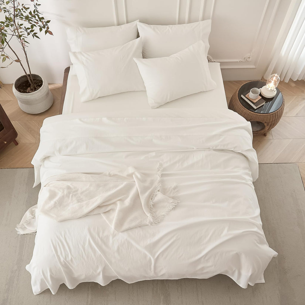 6PS Off White Bedding Sheet Set, 100% Washed Cotton