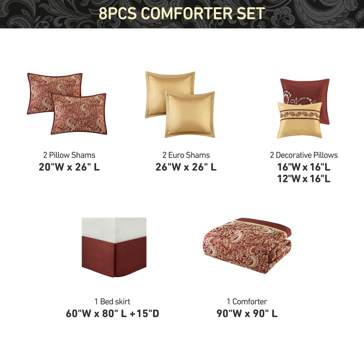 Luxury Jacquard Comforter Set 8-Piece Bedding Set, Elegant Damask Design with Bed Skirt & Decorative