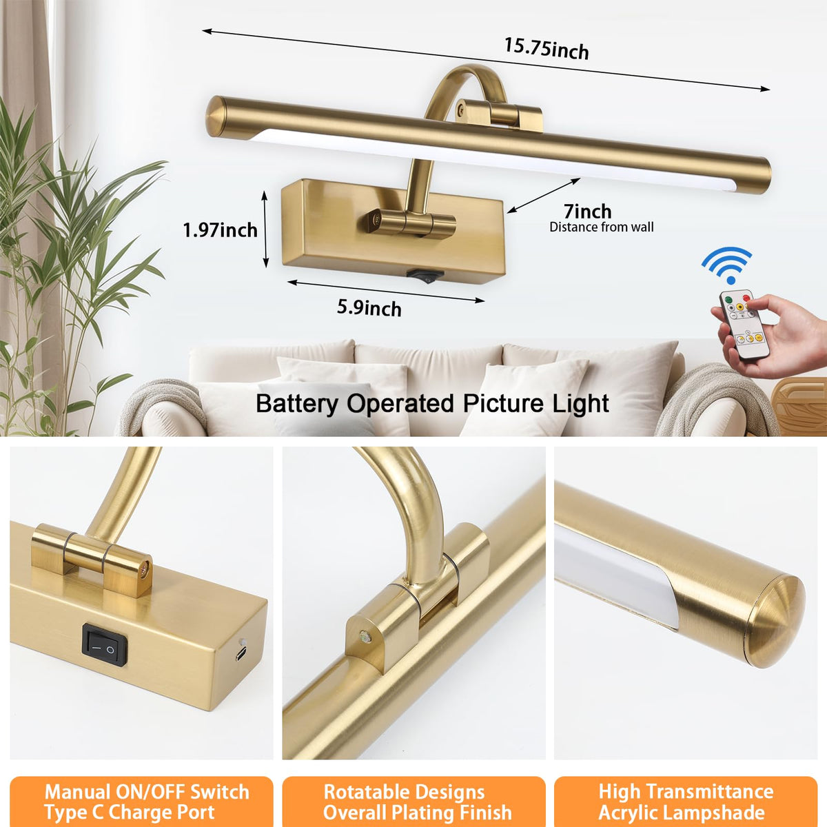 Wireless Picture Lights for Wall Rechargeable, Battery Operated Art Light for Paintings, 3CCT Dimmable, 15.7" Brass