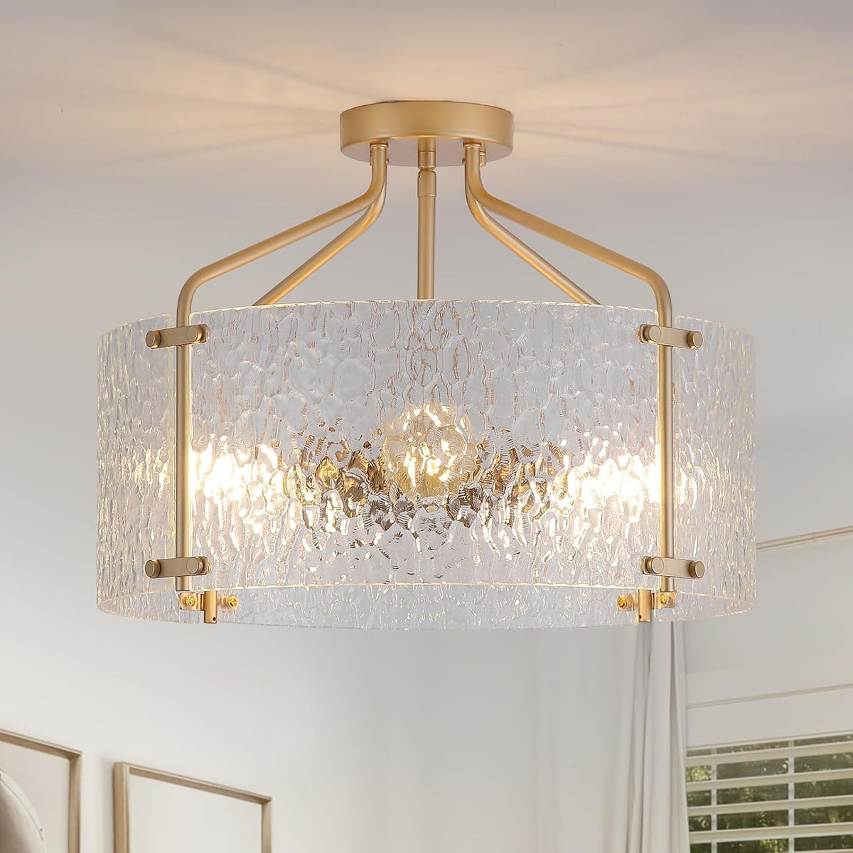 Semi Flush Glass Drum Ceiling Light, Transparent Shade, Larger Size