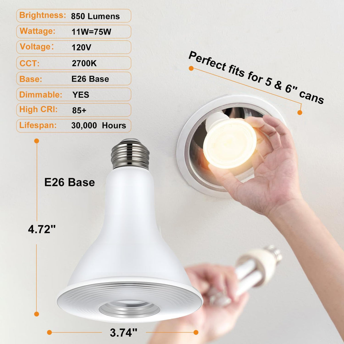 PAR30 Long Neck LED Flood Light Bulbs Dimmable 11W 2700K 6 Pack