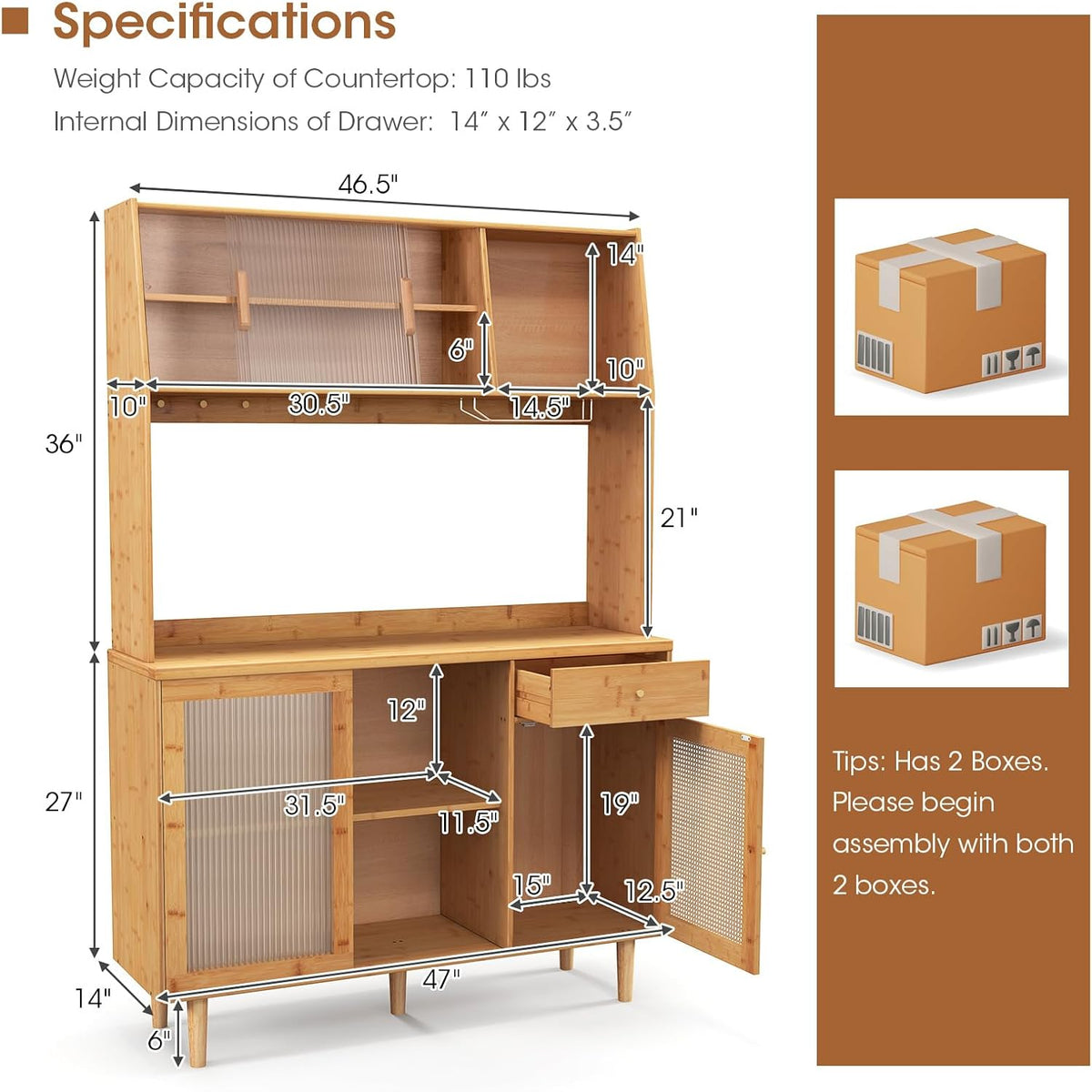 69" Kitchen Pantry Cabinet, Bamboo Hutch Storage Cabinet w/Storage