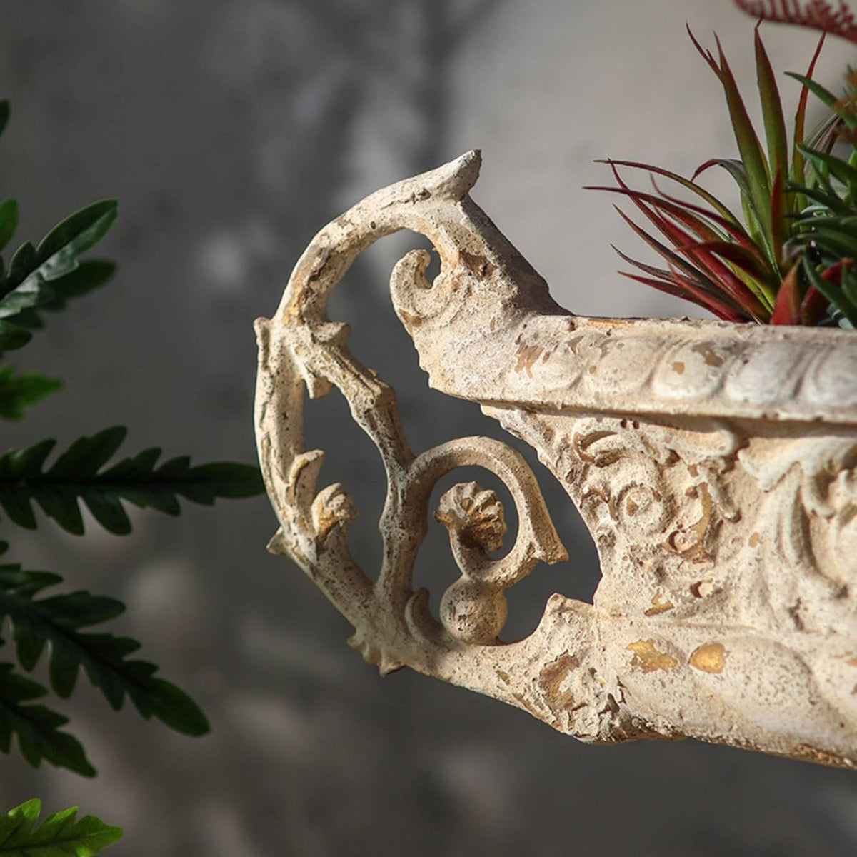 Decorative Vase Vintage Urn Planter with Embossed Floral Relief Pedestal Base Flower Pot Carved Scroll Handles