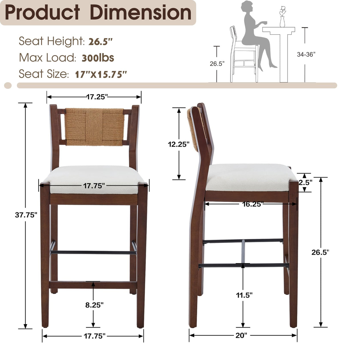 Rattan Counter Height Bar Stools Set of 2, 26" Boho Barstools with Woven Backs, Mid Century Walnut Wood Bar Stool