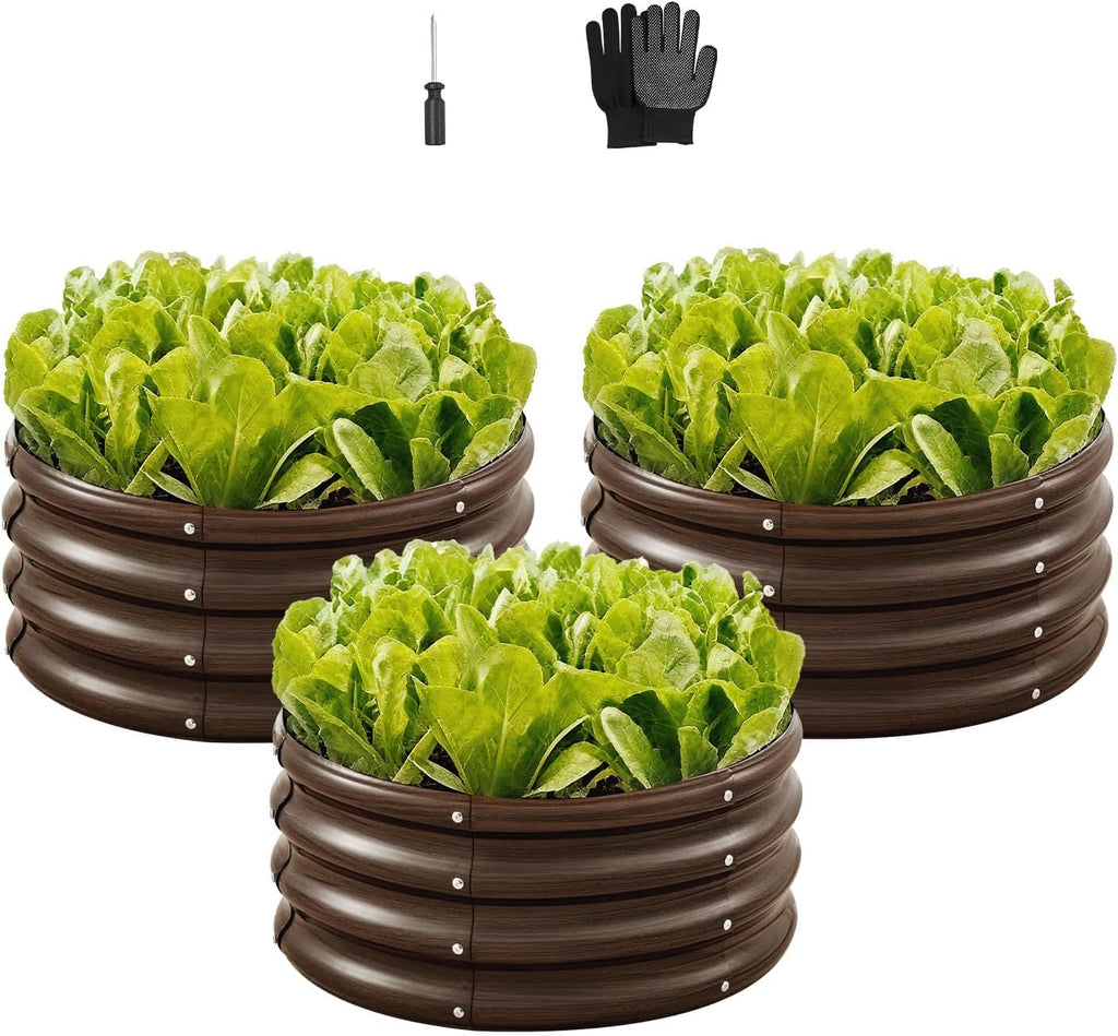 3 Pcs 2x2x1ft Round Galvanized Raised Garden Bed Kit, Outdoor Metal Raised Beds for Gardening Vegetables, Easy