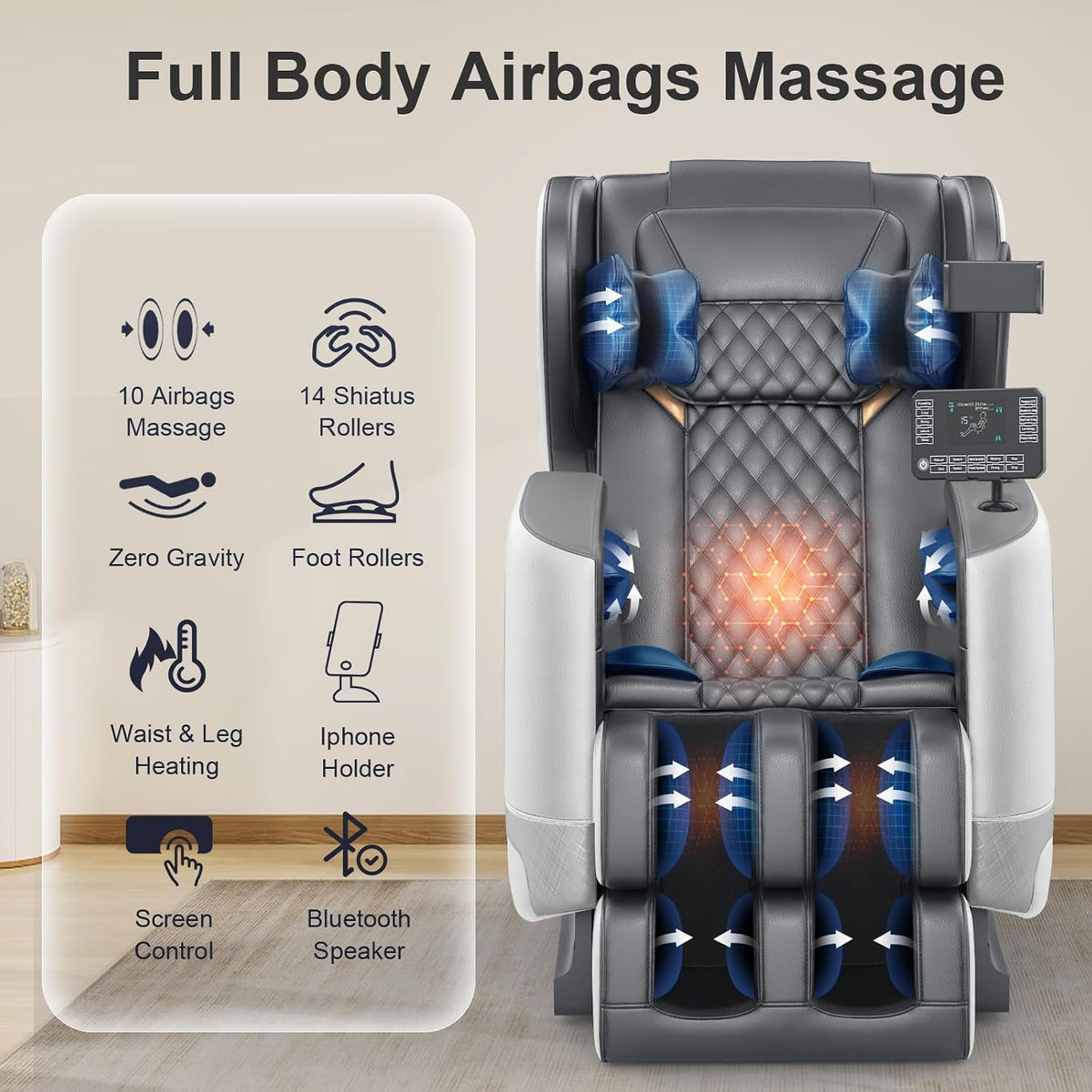 Massage Chair Full Body Zero Gravity Recliner, 2026 Classic Gray | 14 Shiatsu Rollers, 10 Airbags, 5 Auto Modes