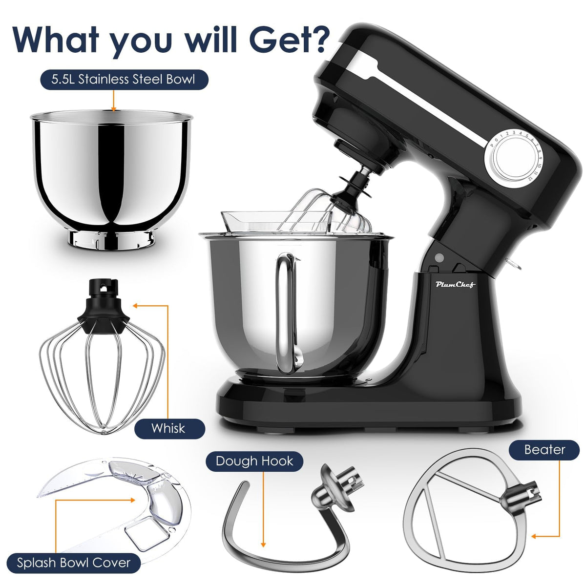 5.5QT Stand Electric Mixer, 12-Speed Kitchen Mixer with Tilt-Head, Stainless Steel Bowl Dough Mixer, Egg Whisk, Dough