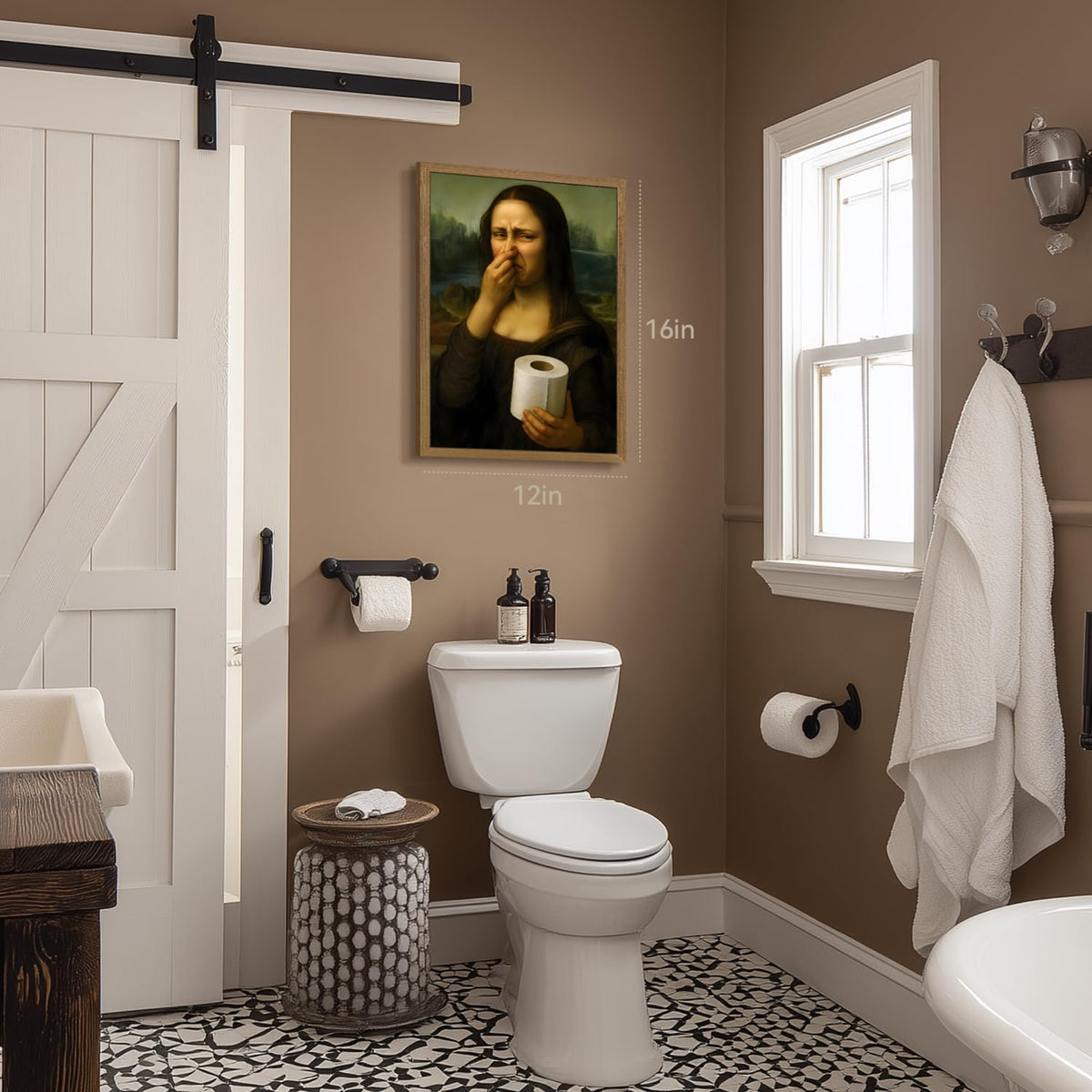 Wood Framed Funny Pinching Nose Mona Lisa Bathroom Wall Art 12x16 in