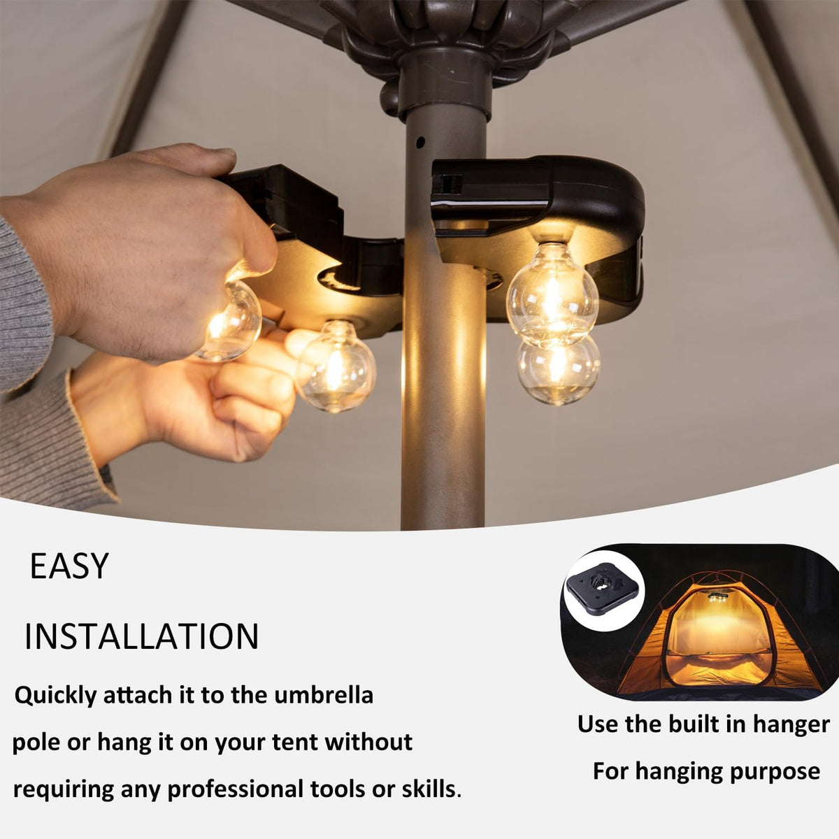 Battery Operated Patio LED Umbrella Light with G40 Bulbs, 3 Brightness Cordless Umbrella Pole Lights Tents