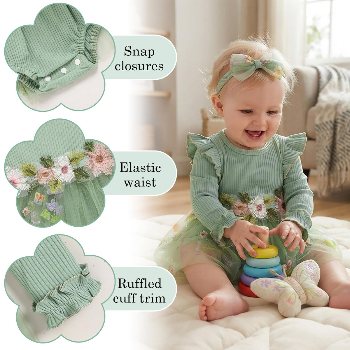 Baby Girl Romper Dress Tulle Skirt Bodysuit with Headband for Infants