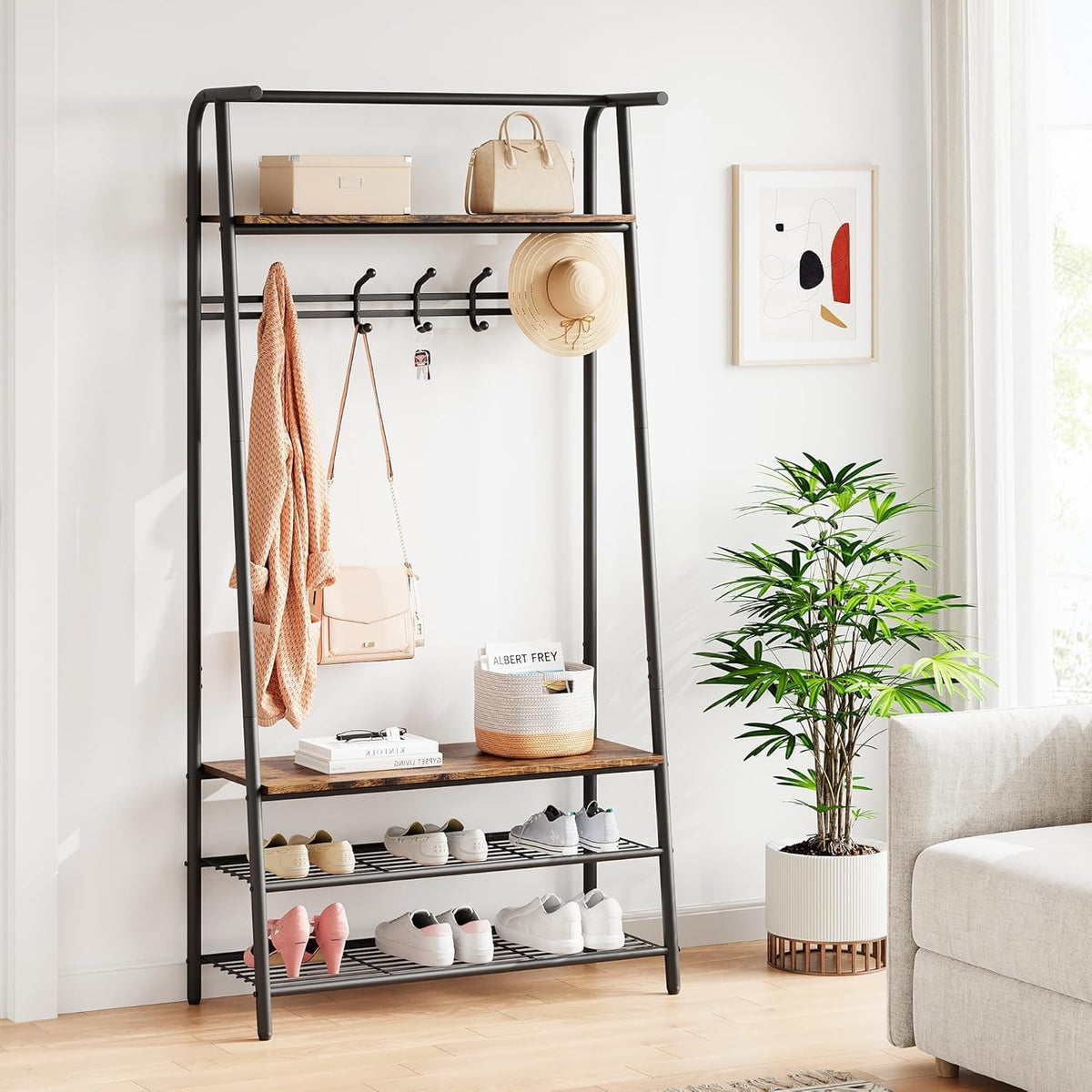 Entryway Hall Tree with 5 Hooks, Shoe Bench & Storage Shelf, Coat Rack Organizer with Wood Accents and Metal Frame
