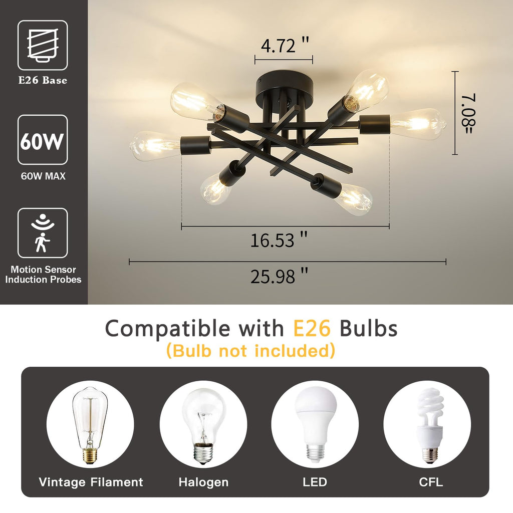 Semi Flush Mount Motion Sensor Ceiling Light Fixture, 6 Lights Black Vintage Matte Sputnik Chandelier Ceiling Lamp