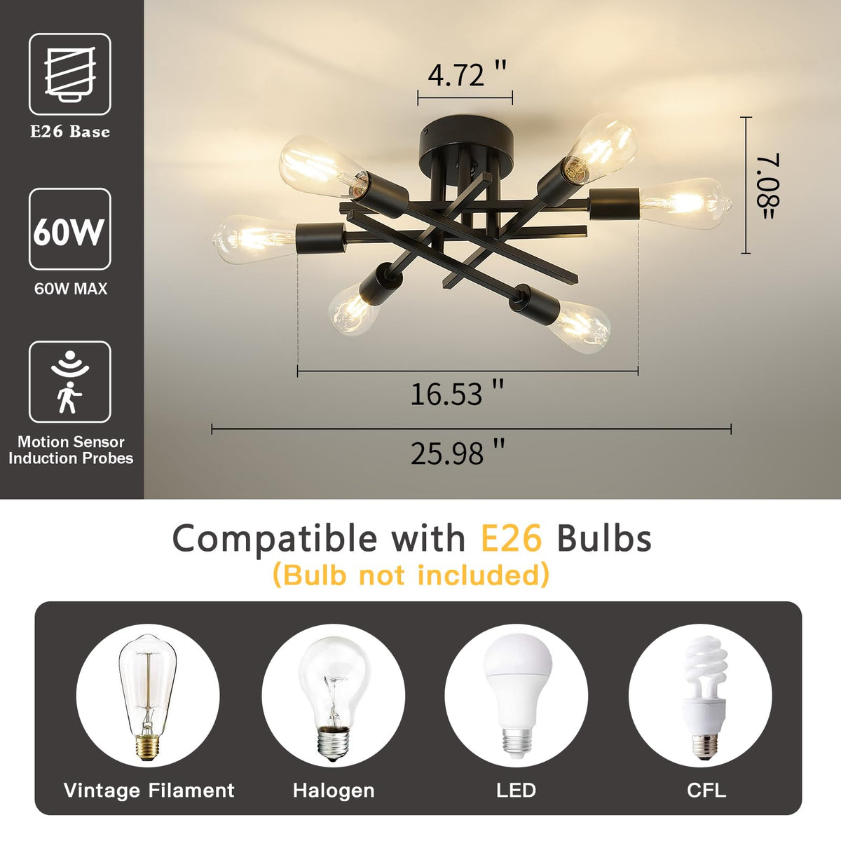 Semi Flush Mount Motion Sensor Ceiling Light Fixture, 6 Lights Black Vintage Matte Sputnik Chandelier Ceiling Lamp