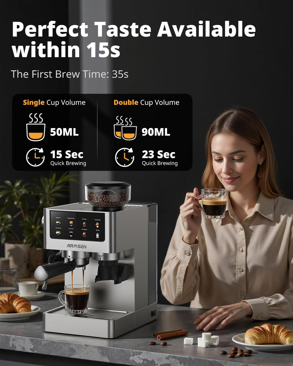 Espresso Machine with Grinder, 20 Bar, Milk Frothing Steam Wand