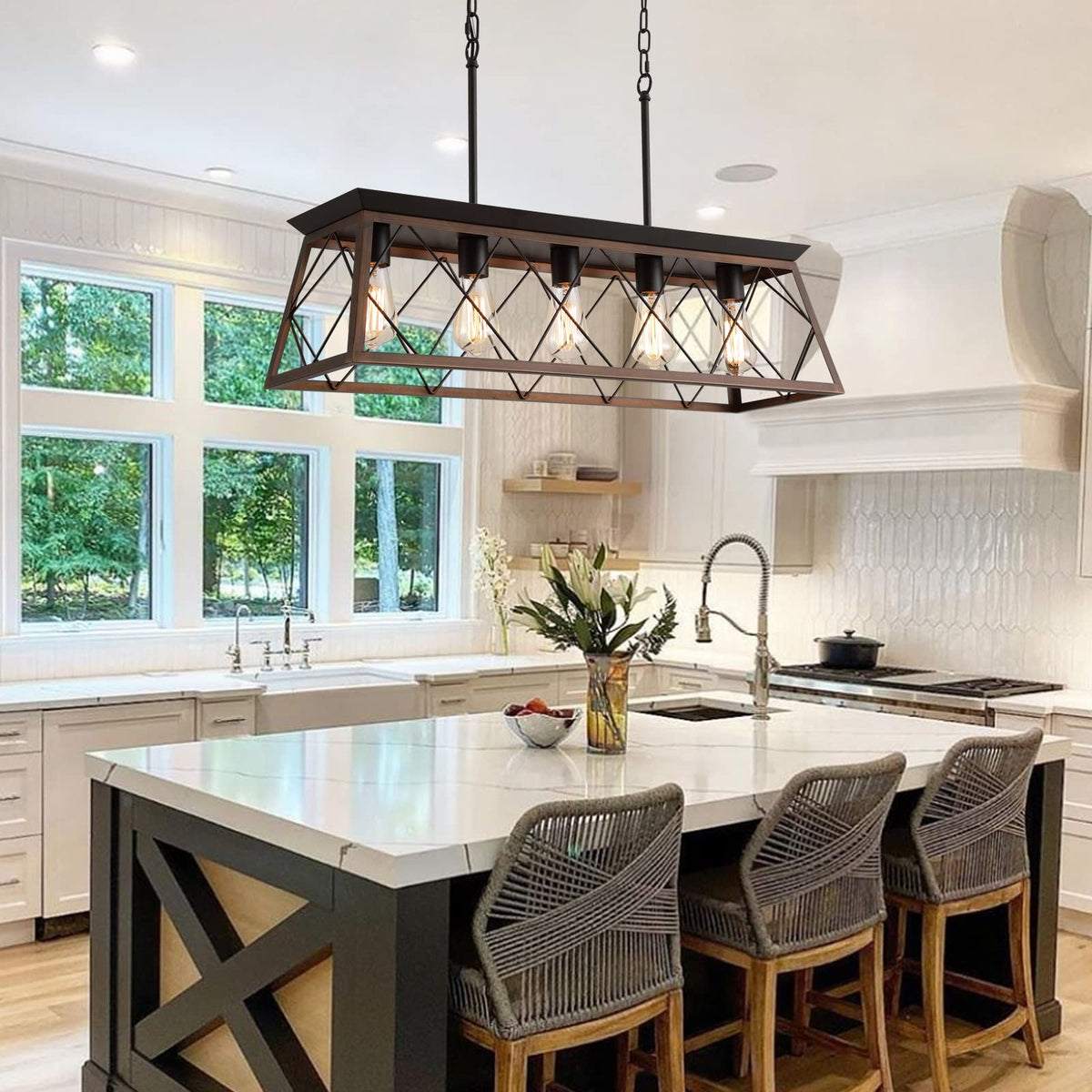 Farmhouse Rustic Chandelier Light Fixtures Bronze 5 Lights Linear Rectangular Chandelier Pendant Light Fixtures