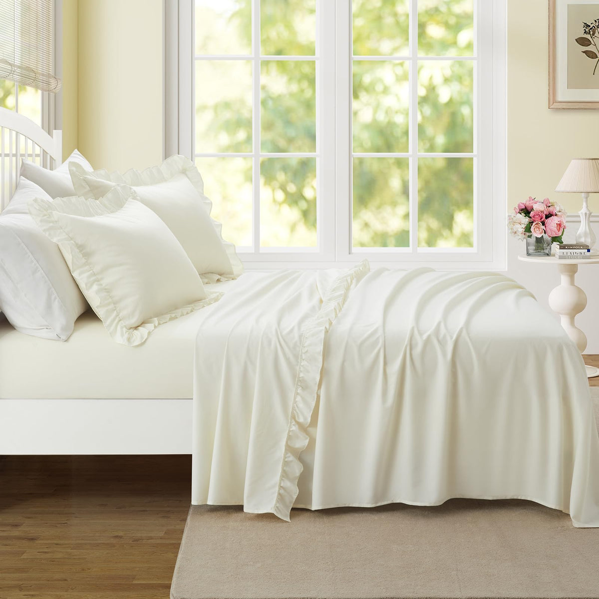 4 Pieces Ruffle Sheet Set, Beige Bed Sheets
