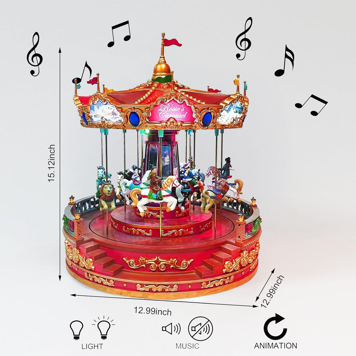 Animated Rosie's Carousel (Moving Carousel) 15.2"H LED Lights 8 Classic Carols Christmas Music, Adapter Included