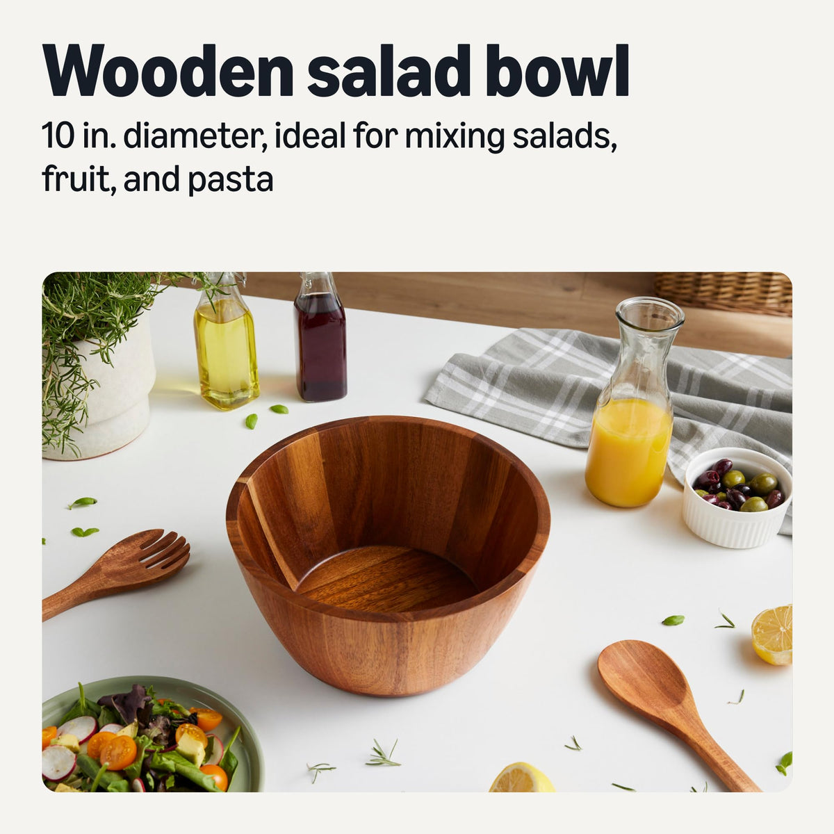 Wooden Salad Bowl, Acacia Wood, 10 in., Family Size Serving Bowl for Gatherings and Everyday Meals