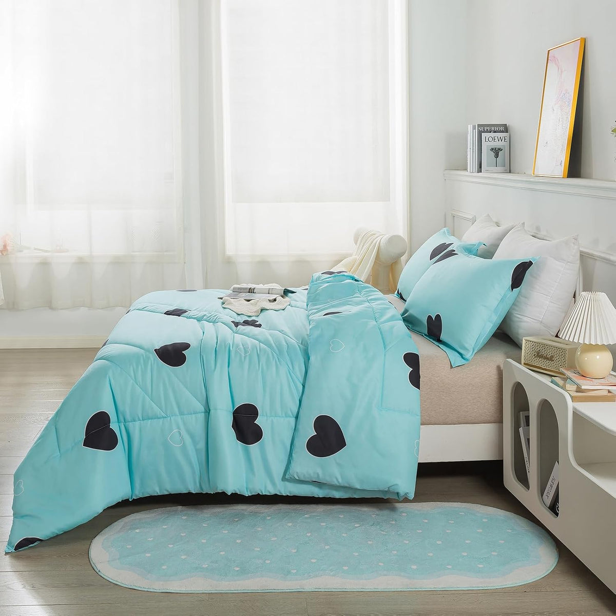 Love Pattern Girls Comforter Set, Sky Blue Cute Love Heart Print Comforter Bedding Set for All Seasons