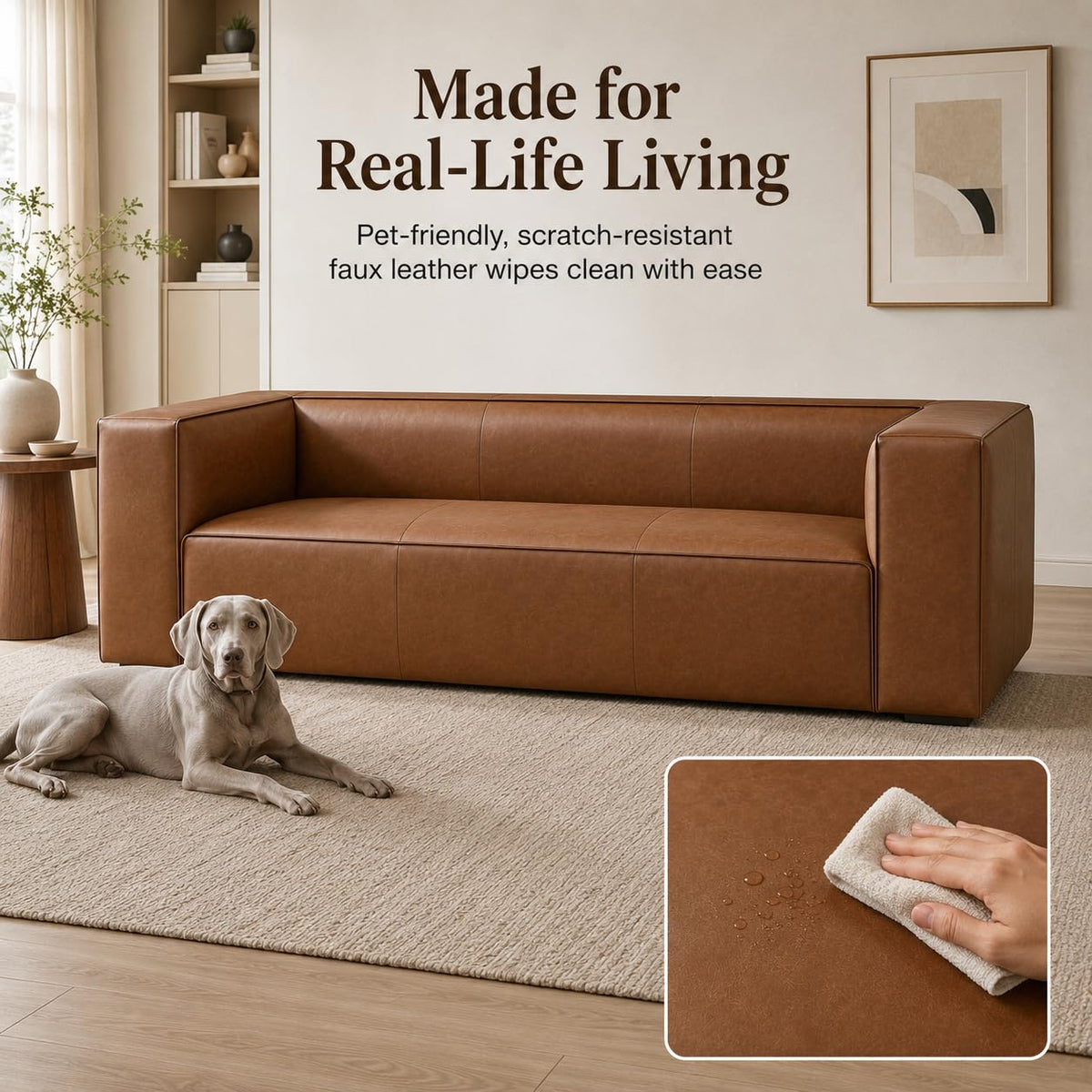 90.94-Inch Cognac Tan Faux Leather Sofa, Modern 3-Seater Couch