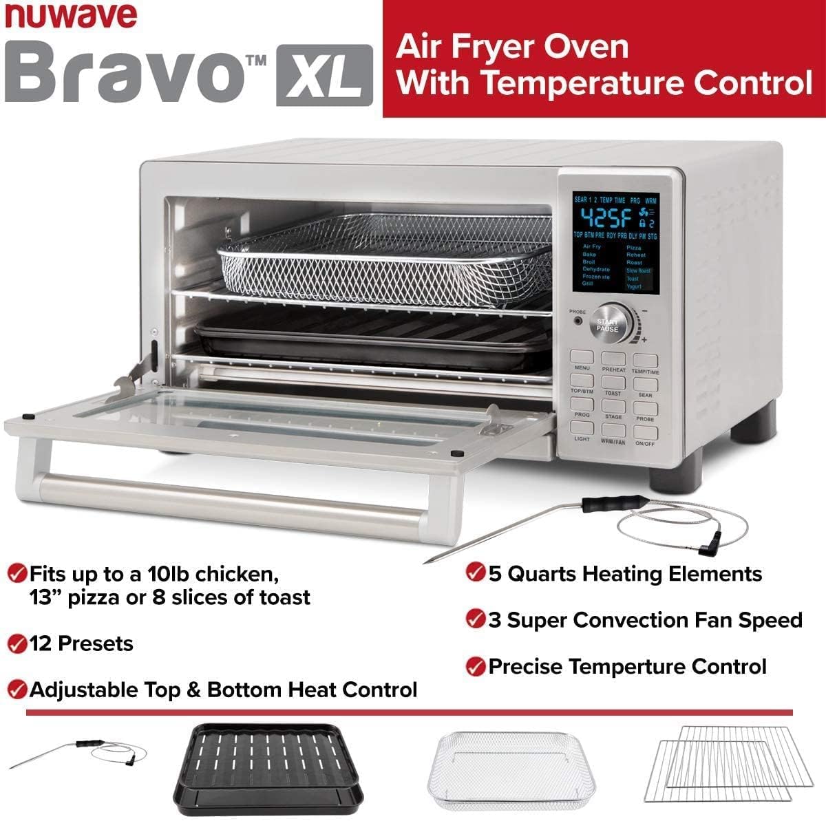 Bravo Air Fryer Toaster Smart Oven, 12-in-1 Countertop Convection, 30-QT XL Capacity, 50°-500°F Controls, Top and Bottom Heater Adjustments 0%-100%, Brushed Stainless Steel Look (Renewed)