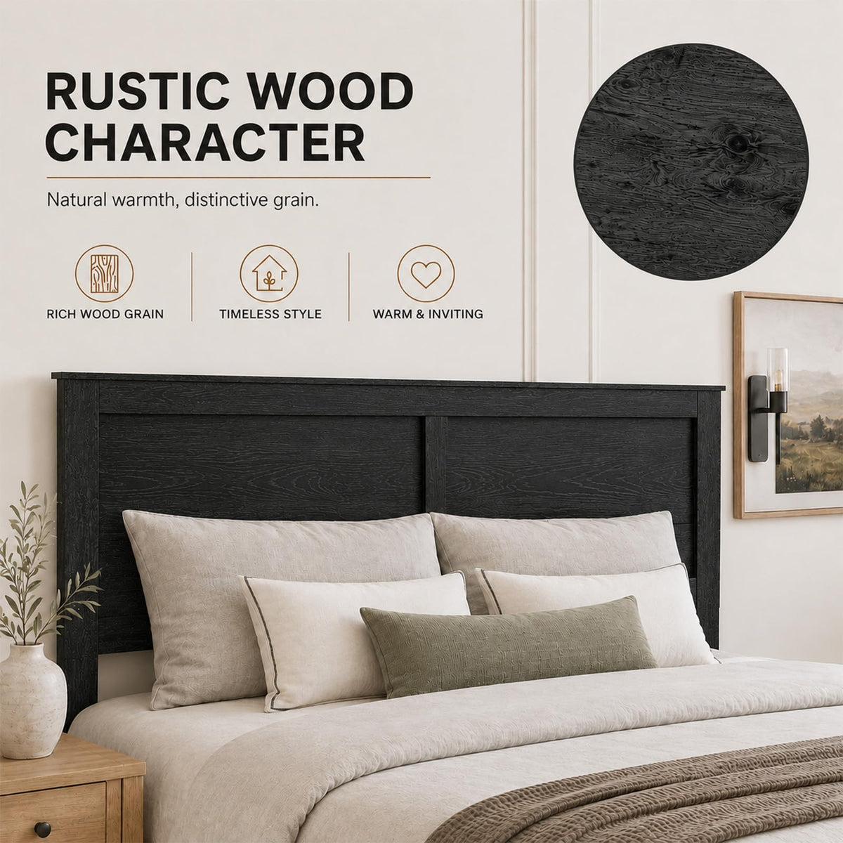 Black Farmhouse Wooden Bed Frame with 44.1" Headboard