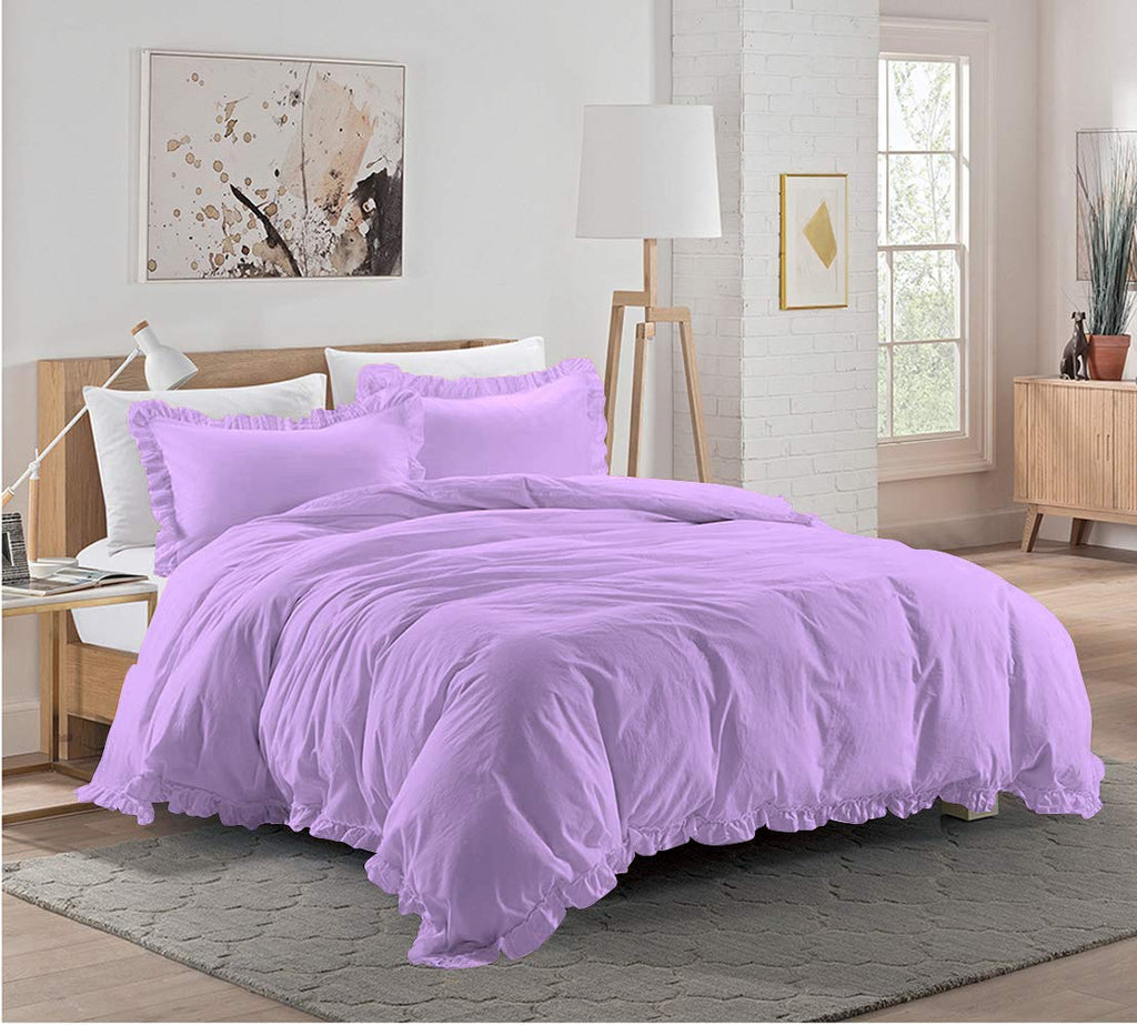 3 Pieces Ruffle Duvet Cover Set with Zipper Closure, 100% Egyptian Cotton 1000 Thread Count (Super King, Lilac)