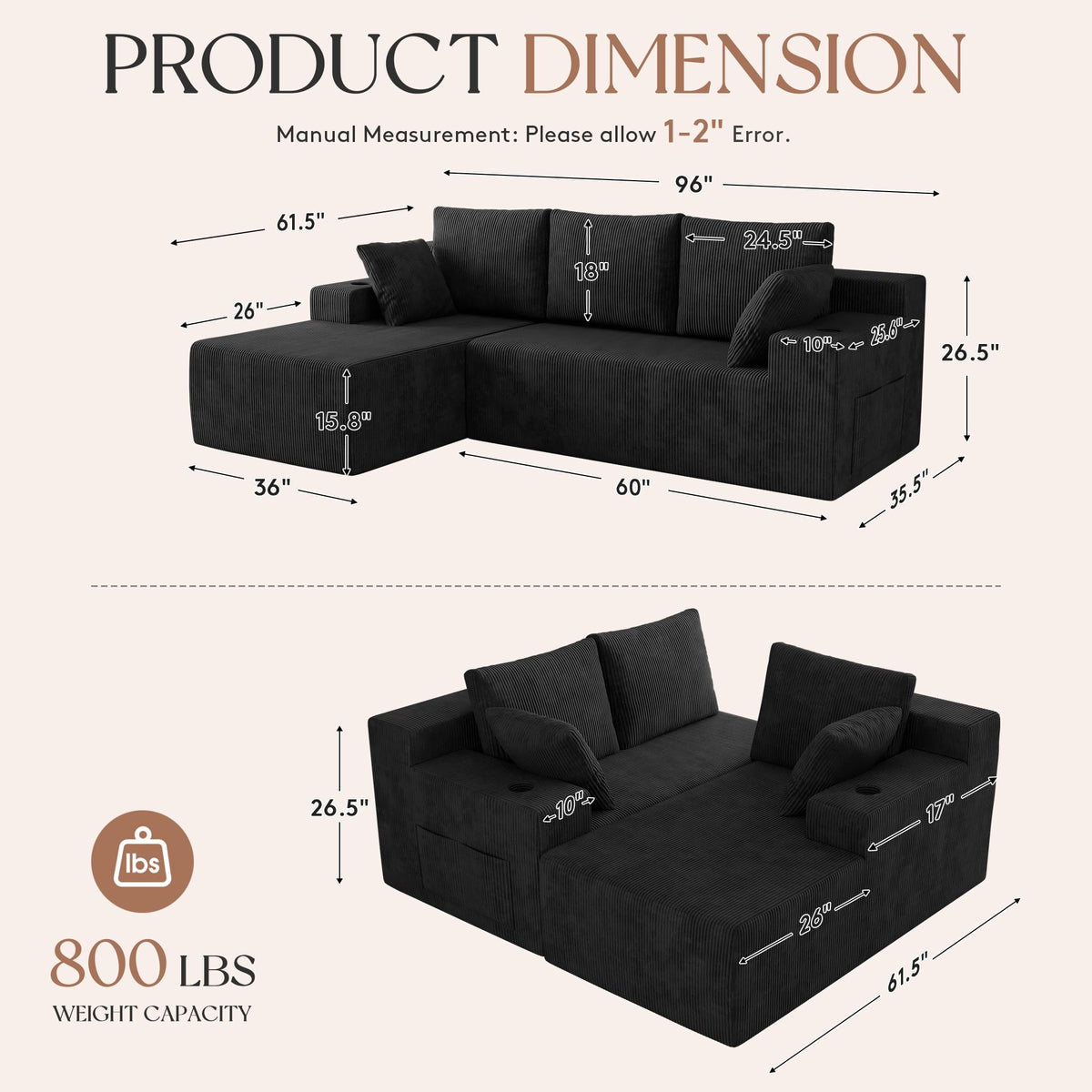 Cloud Sectional Boneless Couches, Modular L Shaped Couch with Deep Seat Oversized Left Facing Chaise, Memory Foam