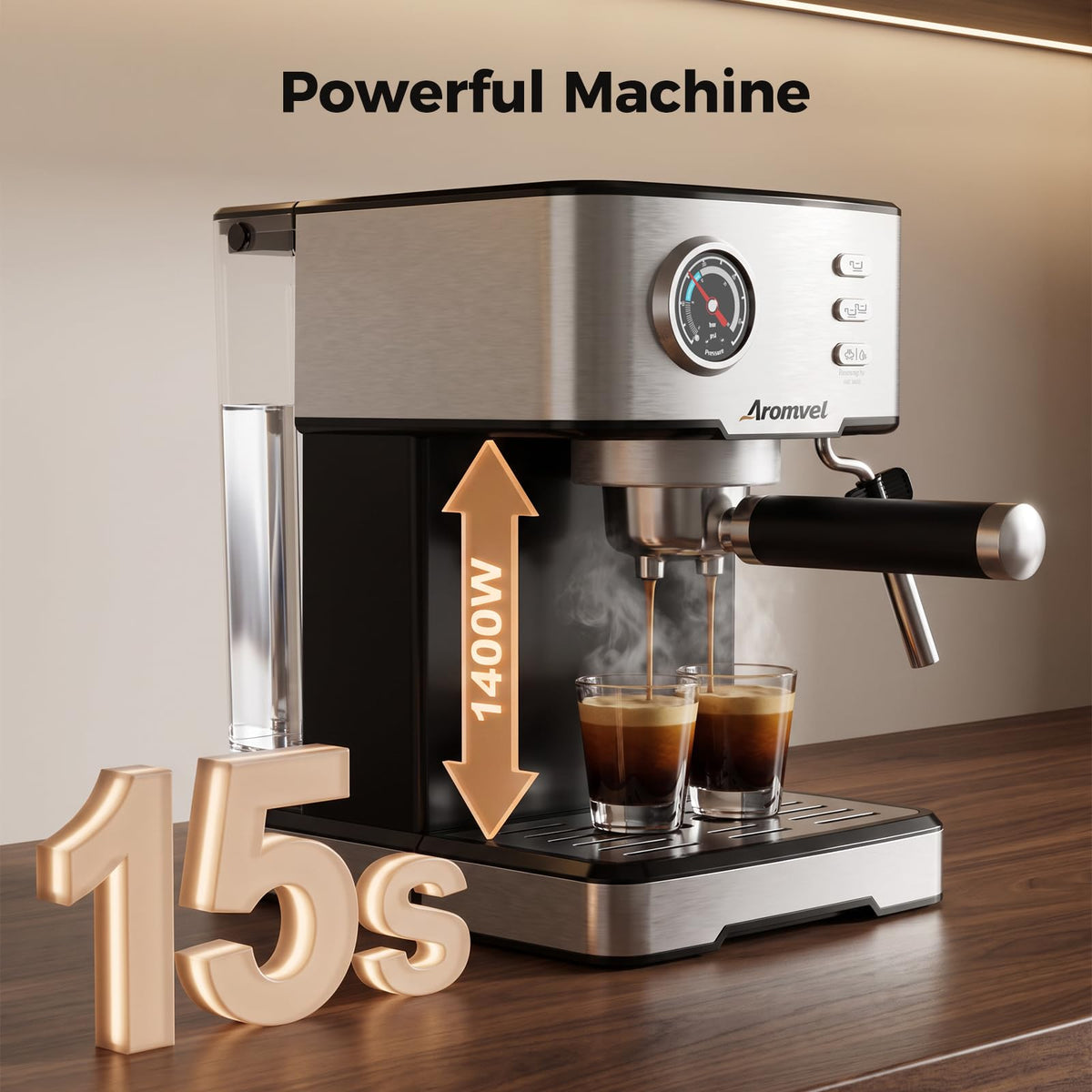20 Bar Espresso Machine with Milk Frothing Steam Wand, Stainless