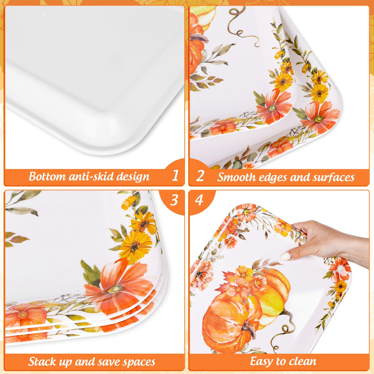 3Pcs Fall Serving Tray, Watercolor Floral Pumpkin, 10 x 13 in