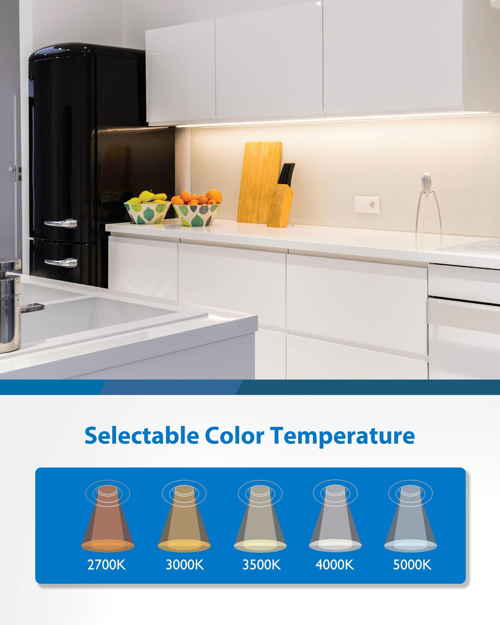 12" LED Direct Wire Under Cabinet Light - Dimmable Undercounter LED Lights - Selectable CCT 2700K-5000K, 340-360