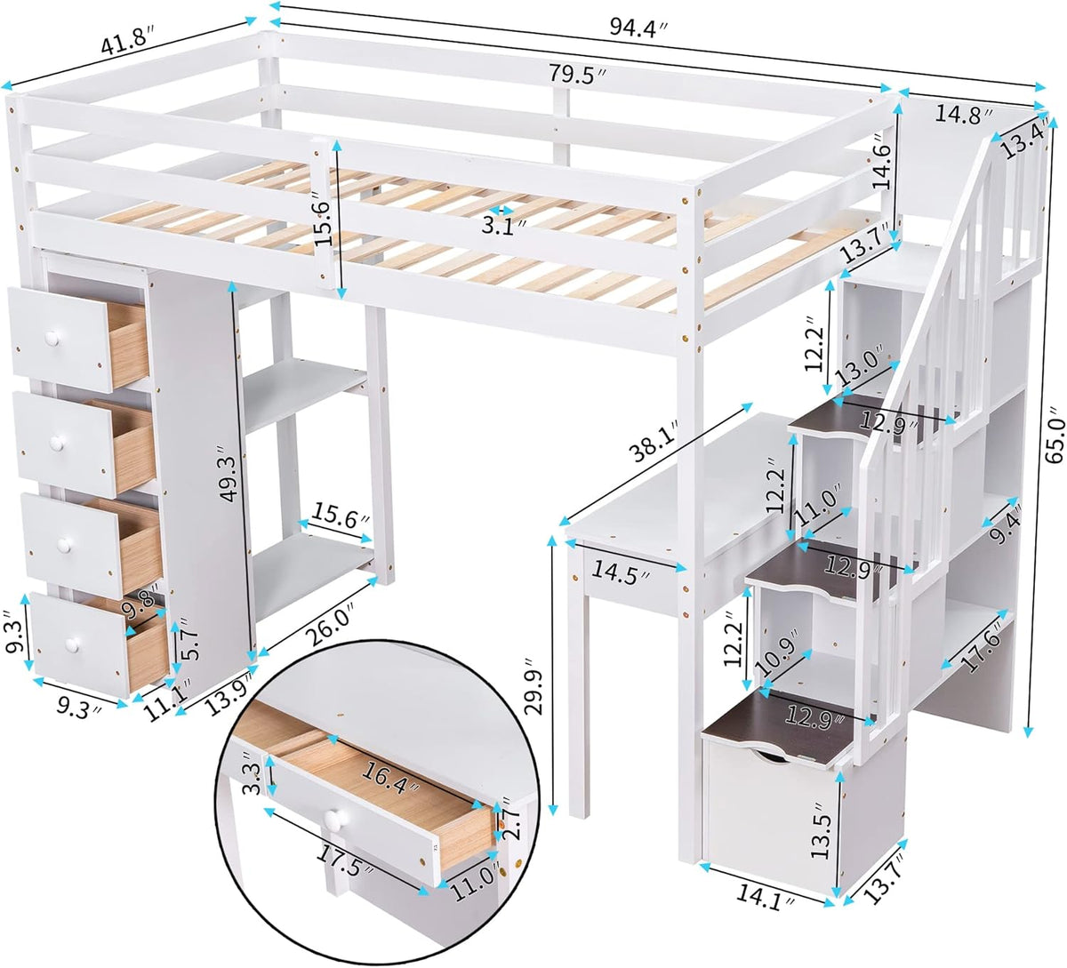 Loft Bed Twin with Desk and Storage Stairs, Space-Saving Wood Bed Frame with Drawers and Shelves