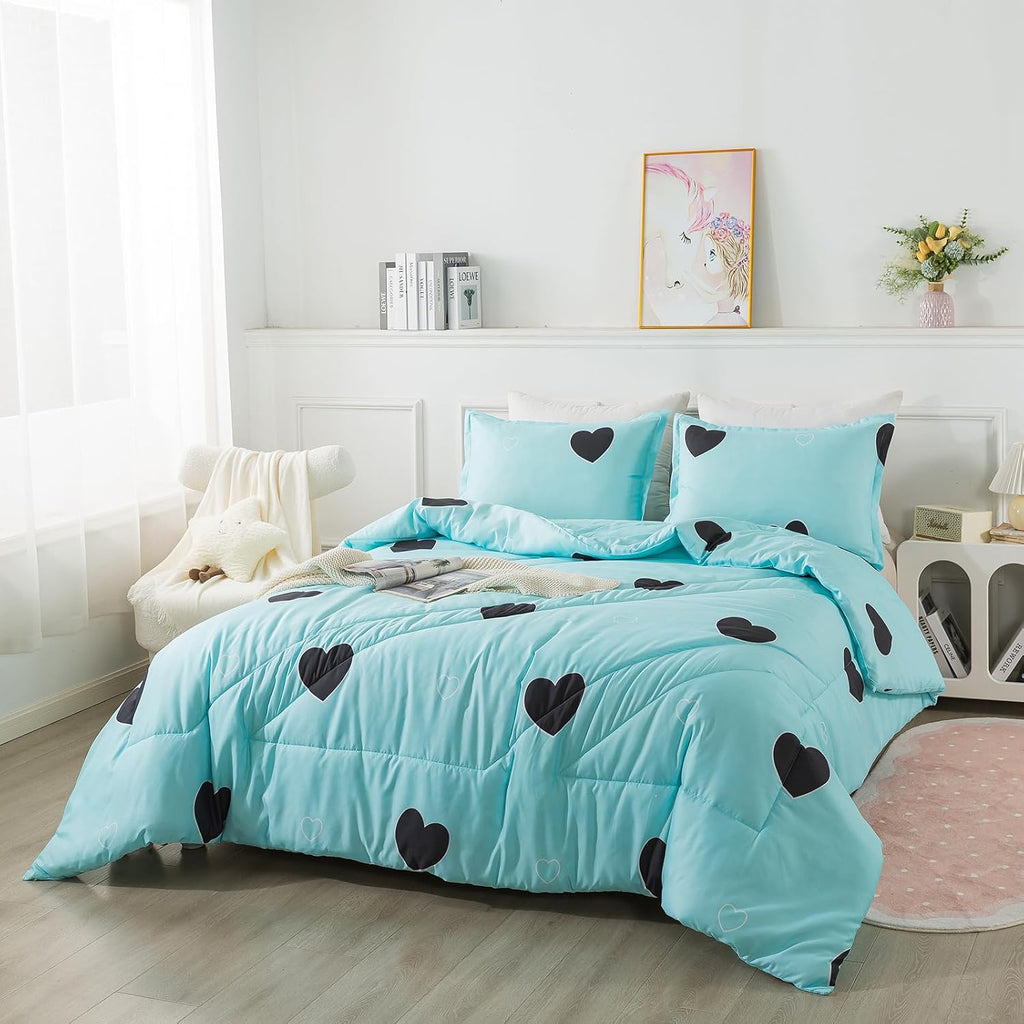 Love Pattern Girls Comforter Set, Sky Blue Cute Love Heart Print Comforter Bedding Set for All Seasons