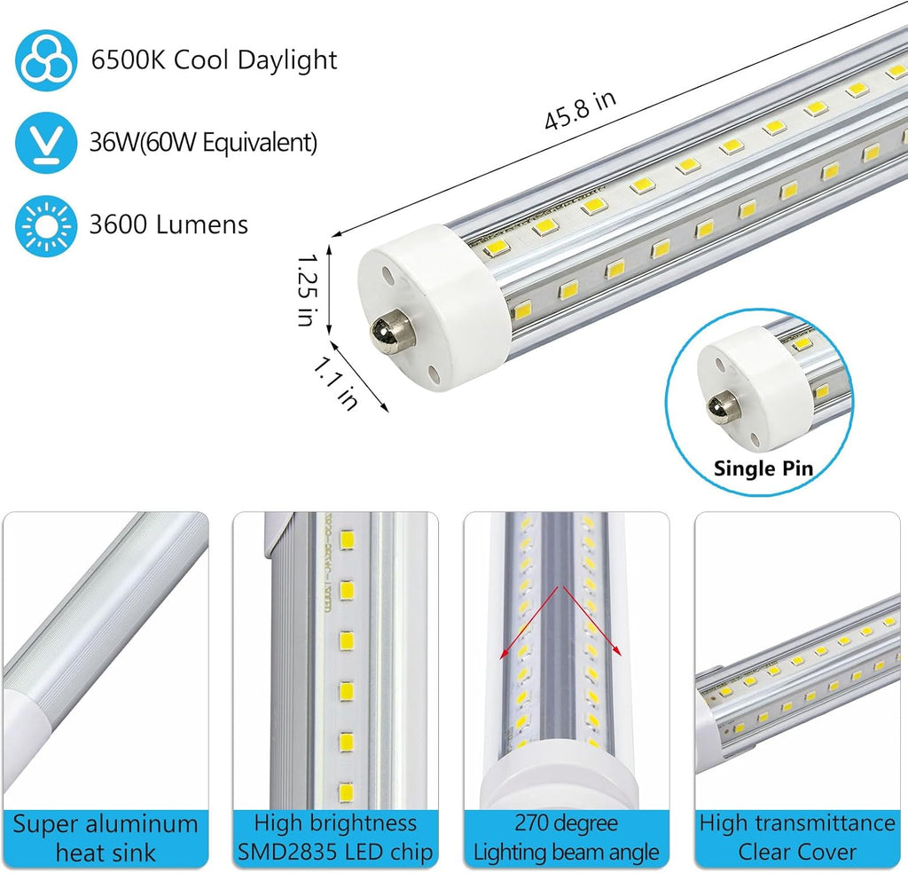 Single Pin T8 LED Tube Lights F48T12 HO Replacement 10-Pack