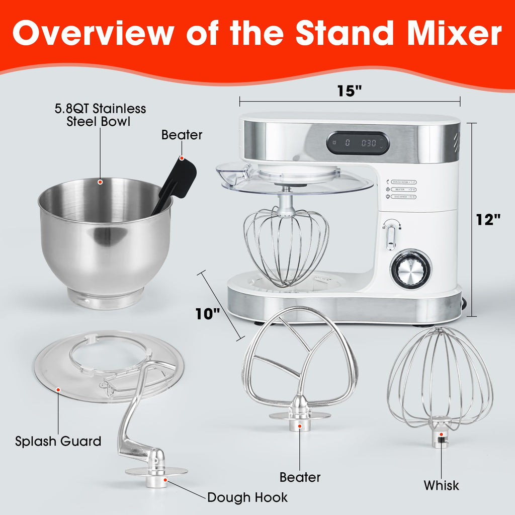 Stand Mixer, 5.8 QT Electric Food Mixer with 600W Pure Copper Motor, 6-Speed Tilt-Head Kitchen Mixer with Stainless