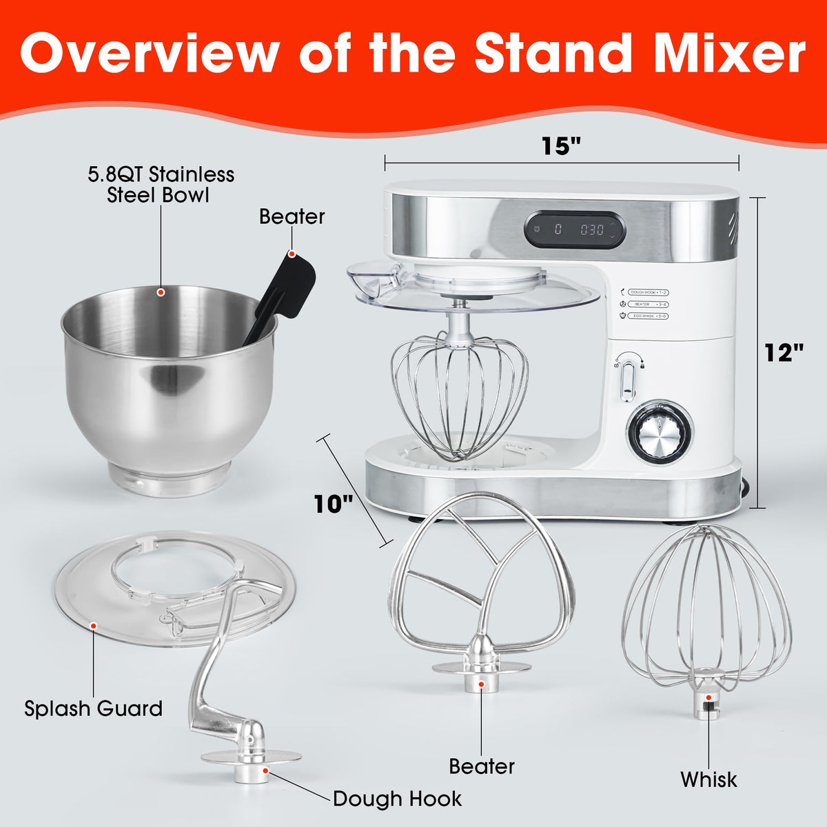 Stand Mixer, 5.8 QT Electric Food Mixer with 600W Pure Copper Motor, 6-Speed Tilt-Head Kitchen Mixer with Stainless