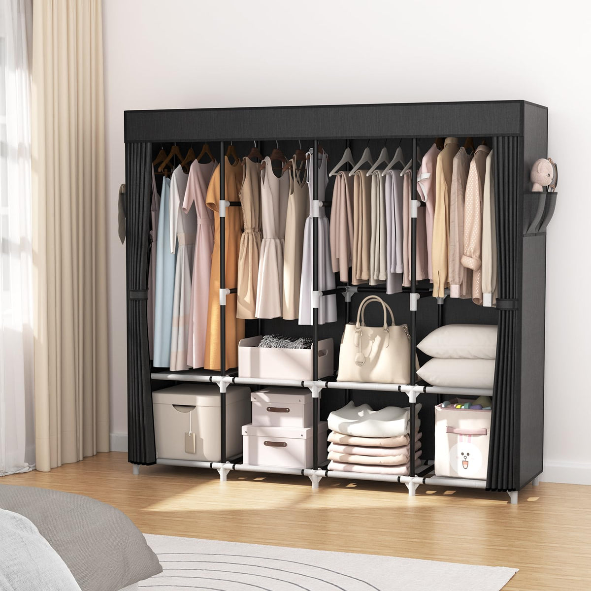 Portable Closet for Hanging Clothes 67 Inch Wide Large Capacity Portable Wardrobe Closet with Cover, 4 Storage