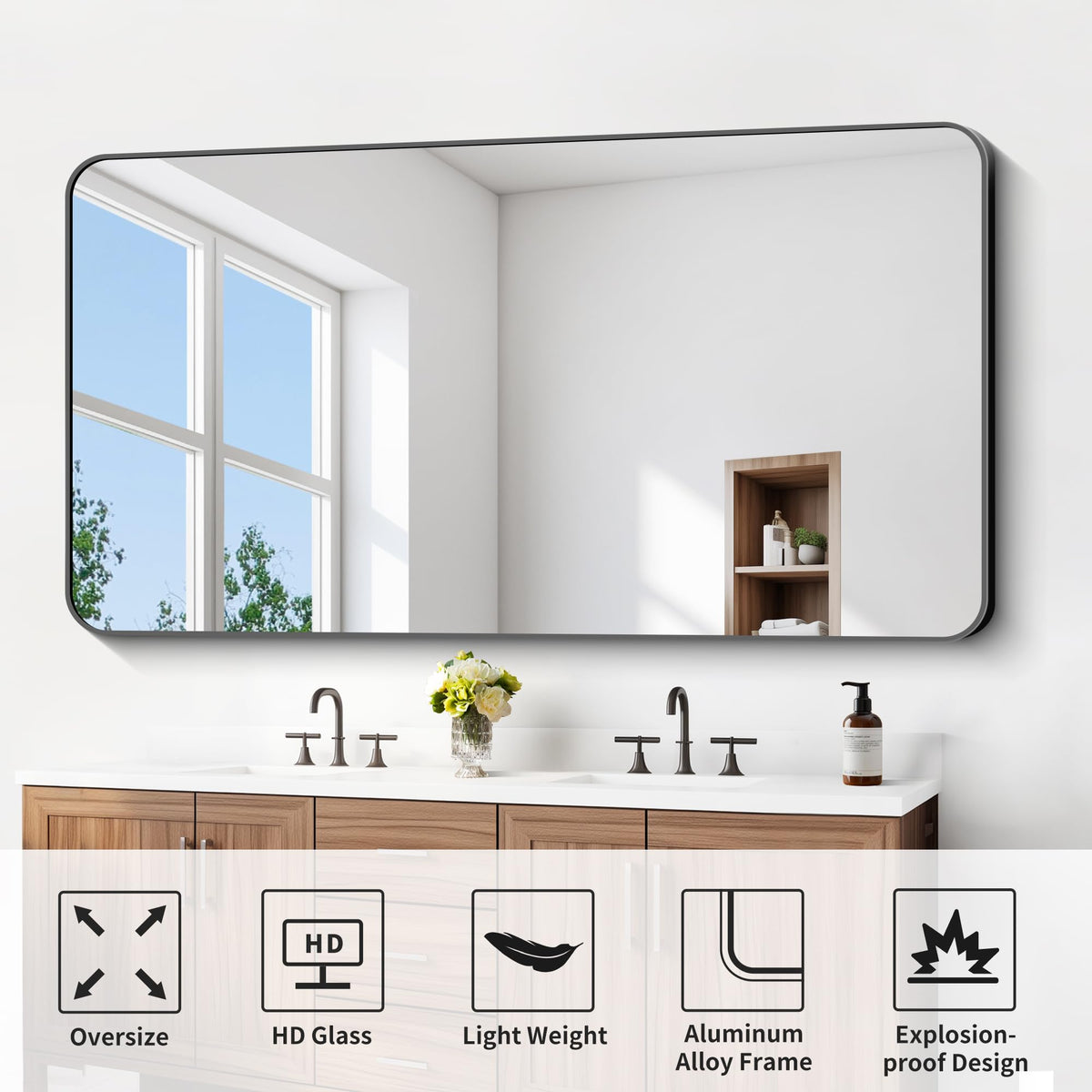 Large Bathroom Mirror 72x36 Inches, Black Oversized Wall Mirror for 2 Sinks Aluminum Frame Full Length Rounded Corner